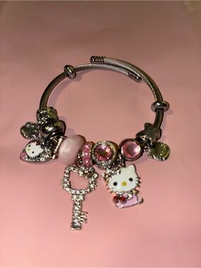 Hello Kitty Pink and Silver Charm Bracelet with Key Dangle
